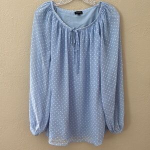 Women’s Talbots Polka Dot Blue/White Top, Large, Lined Sheer Long Sleeve
